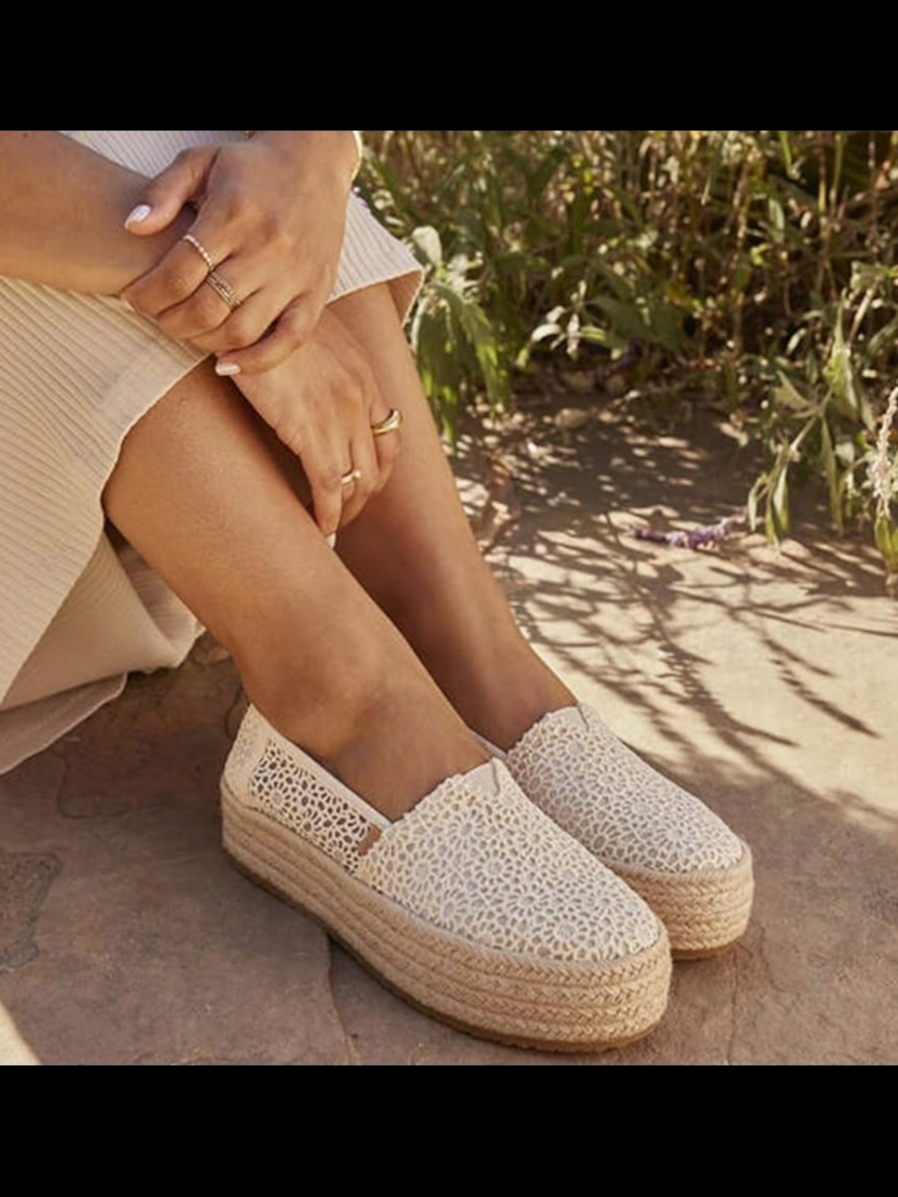 TOMS Valencia Espadrille Platform Slip On Flats Lace Cream Women’s Size 9 New